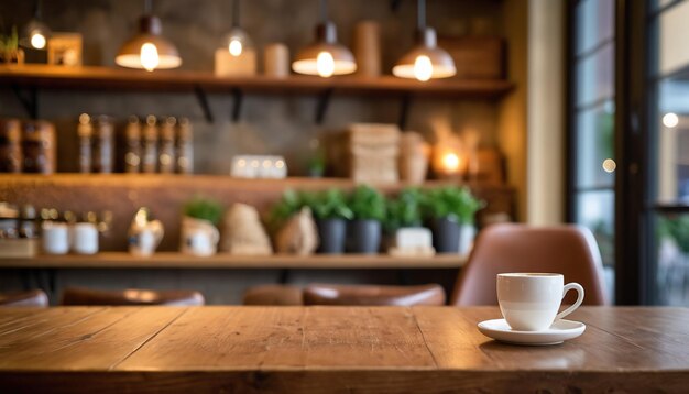 Una taza de café se sienta en una mesa de madera