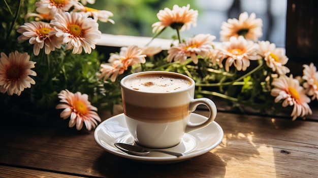 Una taza de café se sienta en la mesa con margaritas en la parte de atrás