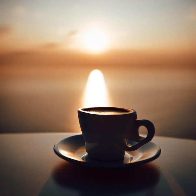 Foto una taza de café se sienta en una mesa con una puesta de sol de fondo.