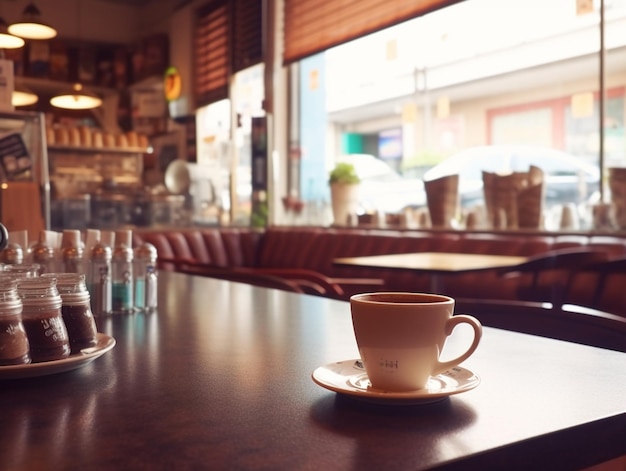 Una taza de café se sienta en una mesa en un restaurante.