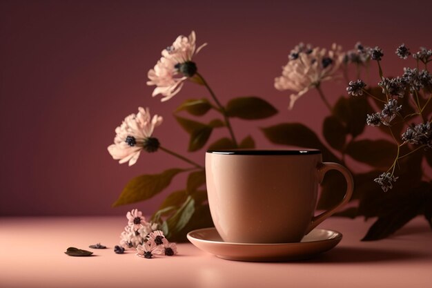 Una taza de café se sienta en una mesa rosa junto a las flores.