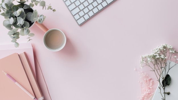 una taza de café se sienta en una mesa rosa