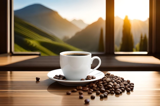 Una taza de café se sienta en una mesa con vistas a las montañas en el fondo Ai generativo