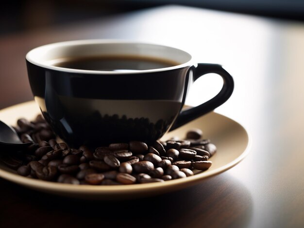 Una taza de café se sienta en un platillo al lado de algunos frijoles.