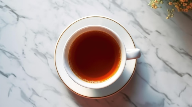 Una taza de café se sienta en un platillo blanco con un ramo de flores.