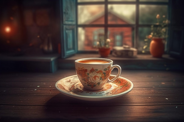 Una taza de café se sienta en un platillo frente a una chimenea.