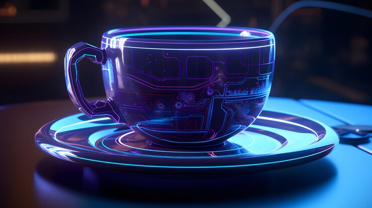 Una taza de café se sienta en un platillo con una luz de neón azul en el fondo.