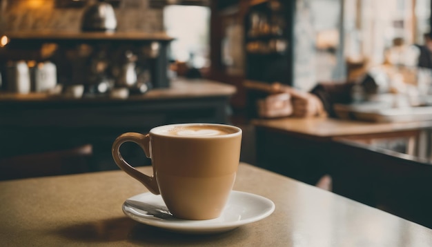 Una taza de café se sienta en un platillo en una mesa