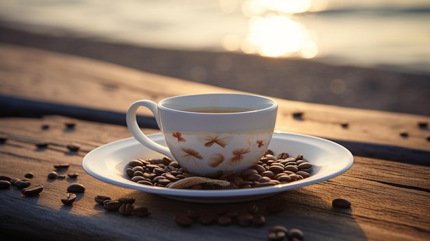 Una taza de café se sienta en un plato con granos de café.