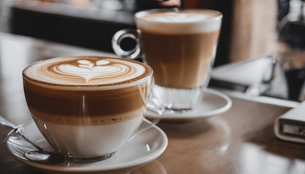 Una taza de café se sienta en un plato en una mesa