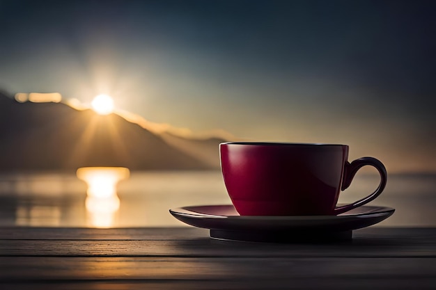 Foto una taza de café se sienta en un plato con el sol poniéndose detrás de él