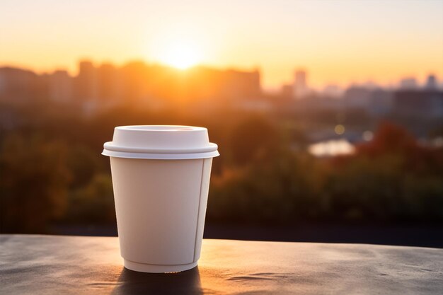 Una taza de café se sienta en una repisa frente a un paisaje urbano