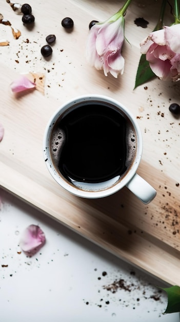 Una taza de café se sienta en una tabla de cortar con una flor.