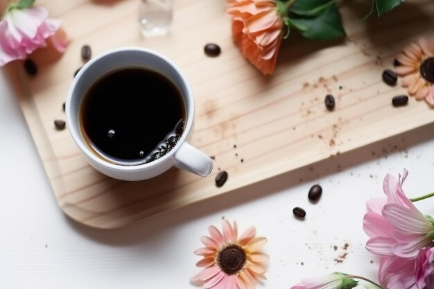 Una taza de café se sienta en una tabla de madera con flores y granos de café.