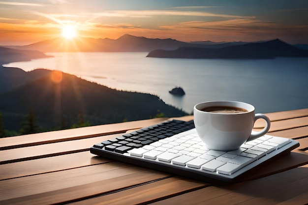 Una taza de café se sienta en un teclado con vista al océano y las montañas en el fondo.