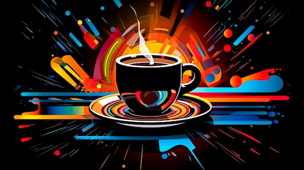 Taza de café sobre fondo abstracto colorido y patrones geométricos