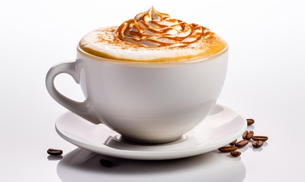 Taza de café sobre fondo aislado Cappuccino cafe bebida con plato generativo ai