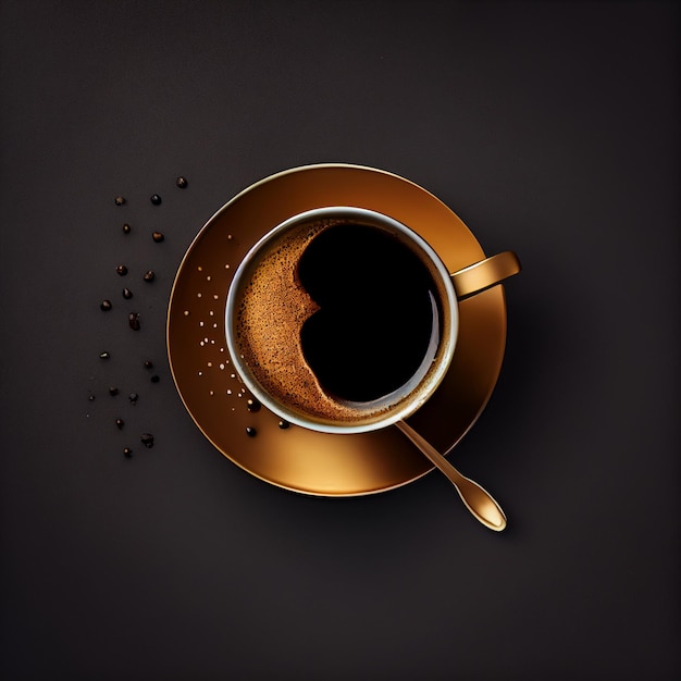 Taza de café sobre fondo negro dorado Vista superior