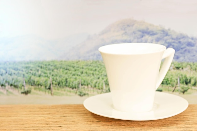 Una taza de café sobre madera en la plantación de café.