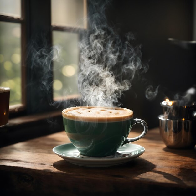 Taza de café sobre la mesa, bebida espumosa humeante para relajarse