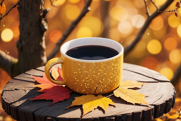 Foto una taza de café sobre la mesa en el bosque de otoño hojas de otoño ai generativo