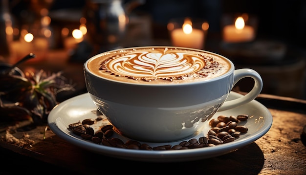 Taza de café sobre la mesa el calor vaporiza bebida espumosa trae relajación generada por inteligencia artificial