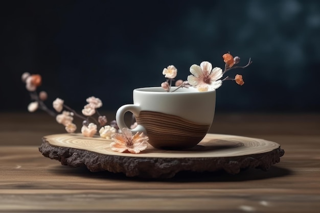 Taza de café sobre una mesa con flores naturales.