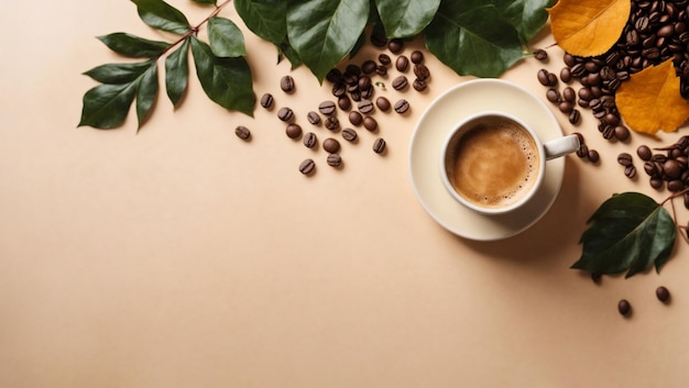 Taza de café sobre una mesa con hojas y granos de café fondo crema plano 05