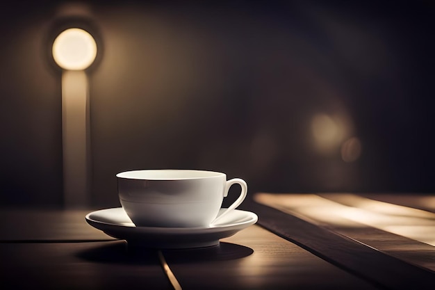 una taza de café sobre una mesa con una lámpara detrás