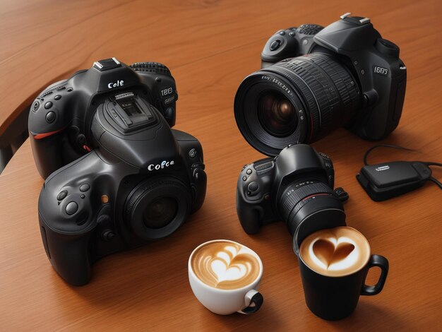 Taza de café sobre la mesa de madera con cámara DSLR al fondo y luz del sol