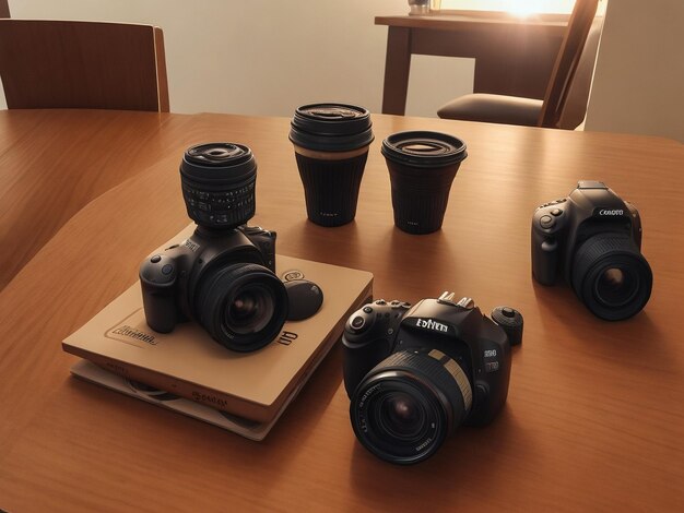 Foto taza de café sobre la mesa de madera con cámara dslr al fondo y luz del sol