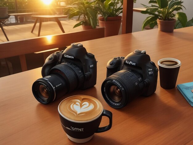 Taza de café sobre la mesa de madera con cámara DSLR al fondo y luz del sol