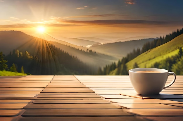 Una taza de café sobre una mesa de madera con un hermoso paisaje de fondo.