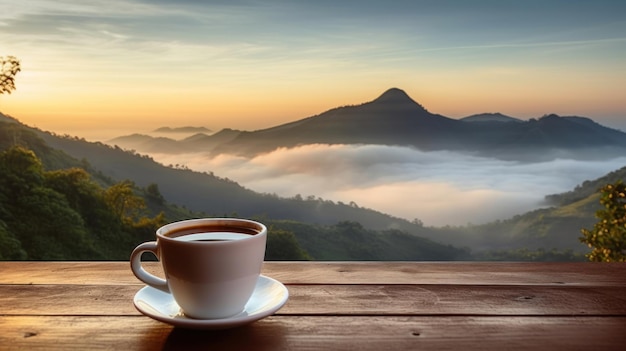 Taza de café sobre una mesa de madera a una montaña con una hermosa montaña azul del cielo al estilo de la niebla