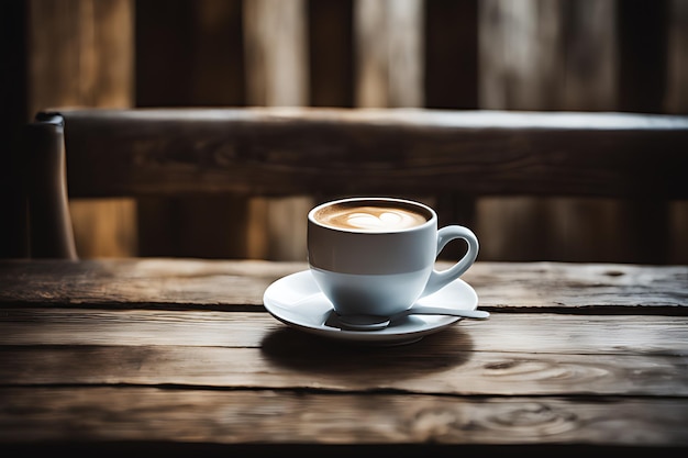 Una taza de café sobre una mesa de madera rústica