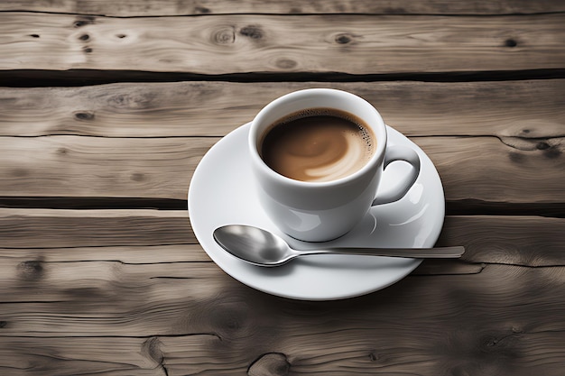Una taza de café sobre una mesa de madera rústica