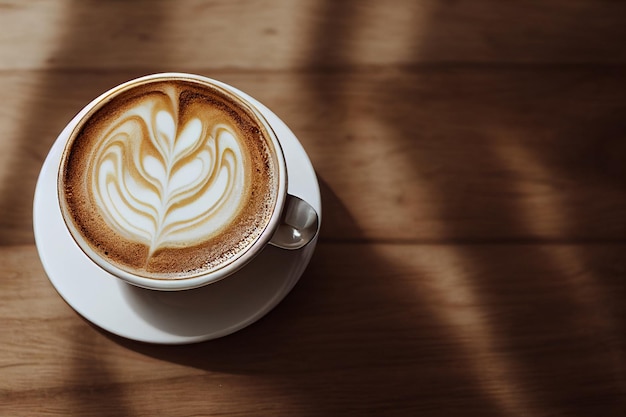 Taza de café sobre una mesa de madera