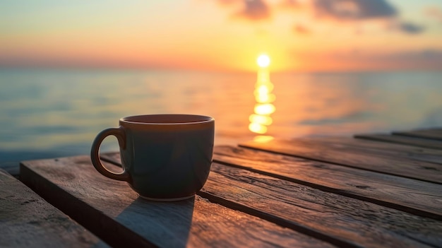 Taza de café sobre mesa de madera