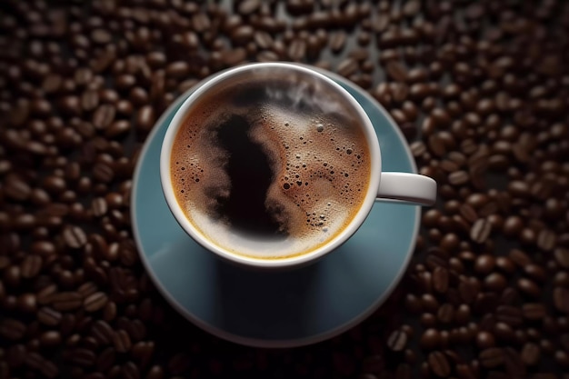 una taza de café sobre una pila de granos de café