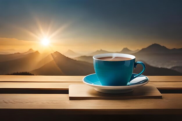 Una taza de café con el sol detrás