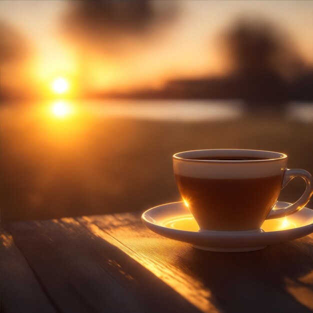 Foto una taza de café con el sol saliendo detrás de ella