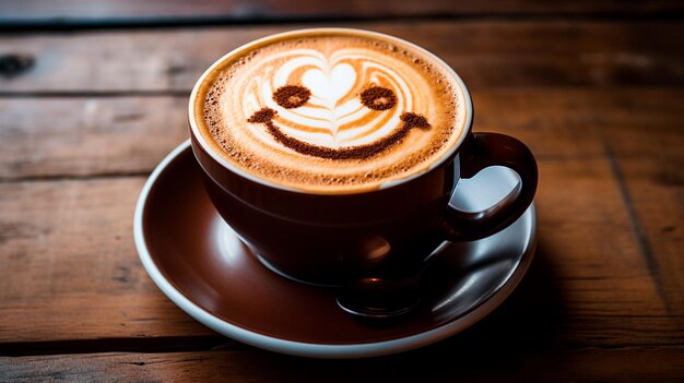 una taza de café con una sonrisa en la mesa