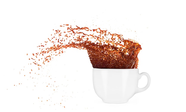 Foto taza de café con splash sobre un fondo blanco.