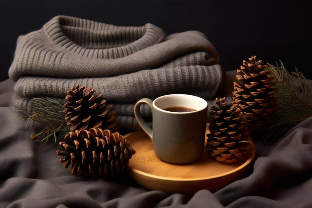 Una taza de café, un suéter de punto y conos de pino sobre un fondo oscuro.