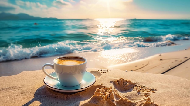 una taza de café y una tabla de surf en una playa