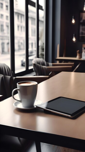 Taza de café y tableta en la mesa en una foto de archivo de un café