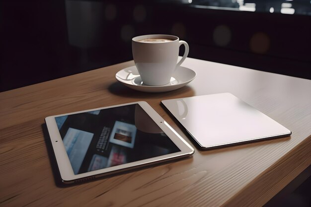 Taza de café y tableta en una mesa de madera en una cafetería