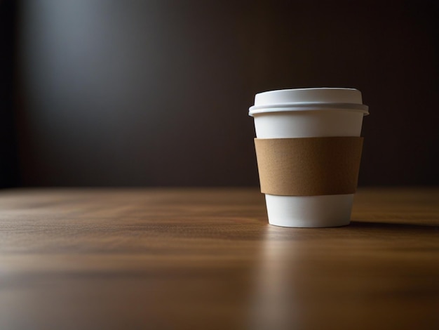 una taza de café con una tapa blanca se sienta en una mesa