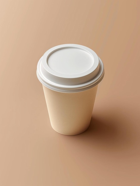 una taza de café con una tapa en un fondo marrón
