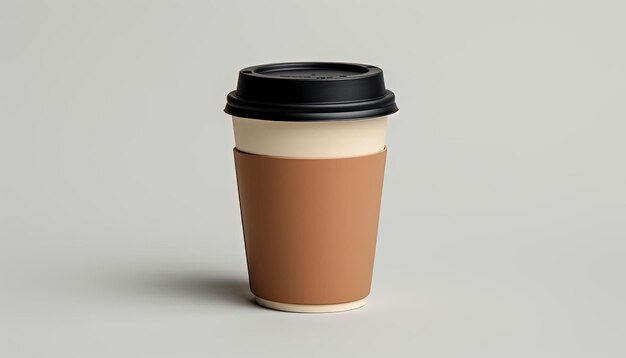 una taza de café con tapa junto a un fondo blanco